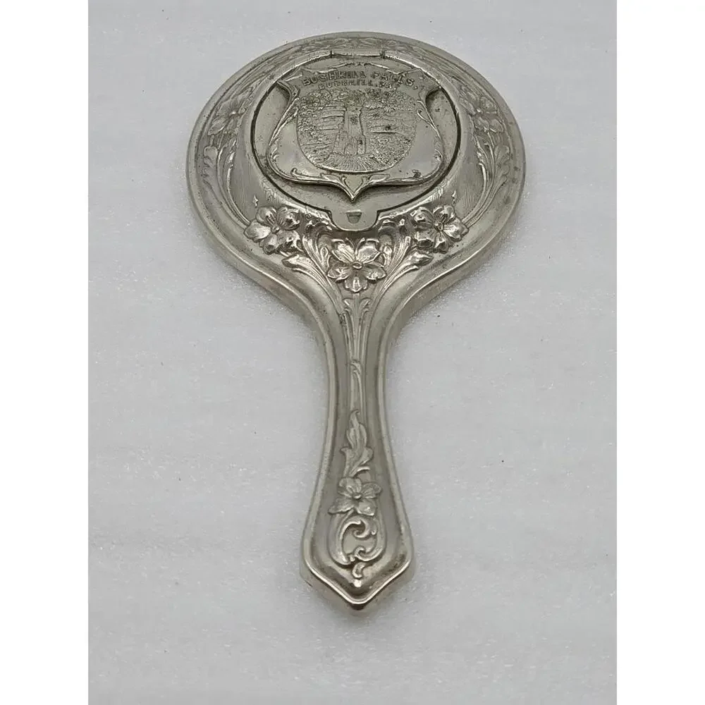 Vtg Bushkill Falls Handheld Mirror Silver Tone w/Small Hidden Back Compartment